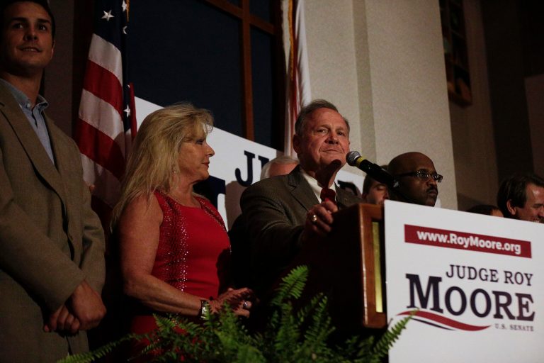 Former Alabama Chief Justice and U.S. Senate candidate Roy Moore during his election party, Tuesday, Sept. 26, 2017, in Montgomery, Ala. Moore won the Alabama Republican primary runoff for U.S. Senate on Tuesday, defeating an appointed incumbent backed by President Donald Trump and allies of Sen. Mitch McConnell. (AP Photo/Brynn Anderson)