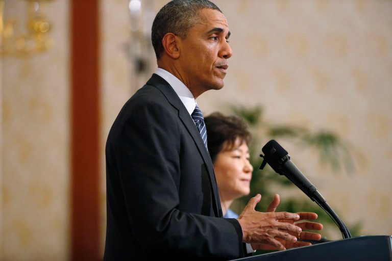 U.S. President Barack Obama and South Korean President Park Geun-hye attend a joint news conference at the Blue House in Seoul, South Korea, Friday, April 25, 2014. Obama, continuing his four-nation Asia trip which began in Japan, is expected to underscore warnings against North Korean nuclear provocations, calls to lower tensions in regional territorial disputes, and words of condolence for the ferry disaster victims and the people of South Korea. (AP Photo/Charles Dharapak)