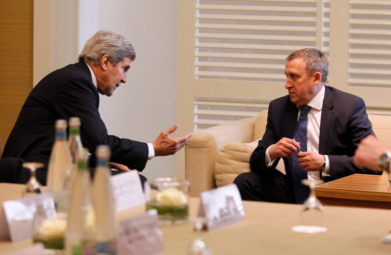 U.S. Secretary of State John Kerry, left, meets with Ukrainian Foreign Minister Andrii Deshchytsia for a bilateral meeting to discuss the ongoing situation in Ukraine as diplomats from the United States, Ukraine, Russia and the European Union gather for discussions in Geneva, Switzerland, Thursday, April 17, 2014. (AP Photo/Jim Bourg, Pool)