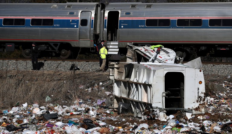 An Amtrak passenger train carrying dozens of GOP lawmakers to a Republican retreat in West Virginia struck a garbage truck south of Charlottesville, Va. (Zack Wajsgrasu/The Daily Progress via AP)