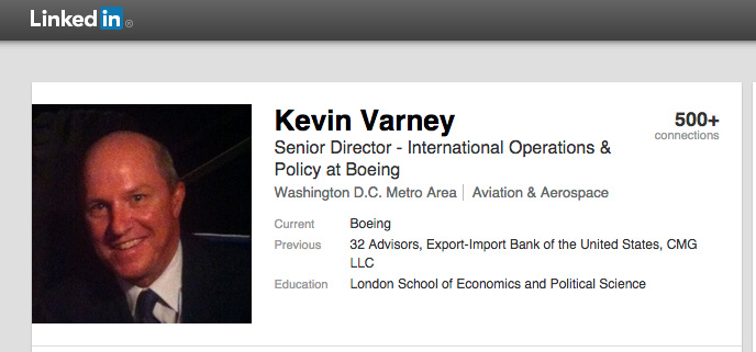 Kevin Varney, chief of staff at the Ex-Im Bank for Obama's first term, just joined Boeing as a director.