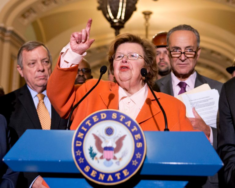 FILE - This Aug. 1, 2013 file photo shows Senate Appropriations Committee Chair  Sen. Barbara Mikulski, D-Md., flanked by Senate Majority Whip Richard Durbin of Ill., left, and Sen. Charles Schumer, D-N.Y., speaking on Capitol Hill in Washington.  Senate Republicans derailed a Democratic bill Wednesday curbing paycheck discrimination against women, an effort that even in defeat Democrats hoped would pay political dividends in this fall's congressional elections. Wednesday's vote was 53-44 to halt GOP tactics aimed at derailing the legislation, but that fell six short of the 60 Democrats needed to prevail. Mikulski stood up after the vote and said supporters were disappointed but that they would fight on. (AP Photo/J. Scott Applewhite, File)