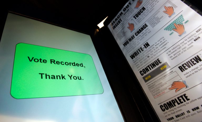 In this Dec. 5, 2007 file photo, a message is posted on an electronic voting machine in San Francisco. (AP Photo/Paul Sakuma)