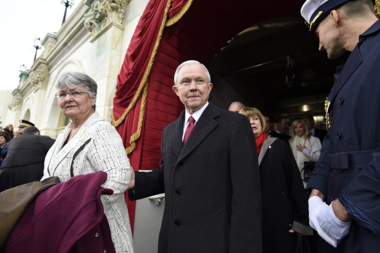 Attorney General-designate Jeff Sessions and his wife Mary Blackshear Sessions arrive on Capitol Hill in Washington, Friday, Jan. 20, 2017, for the presidential inauguration of Donald Trump. (Saul Loeb/Pool Photo via AP)
