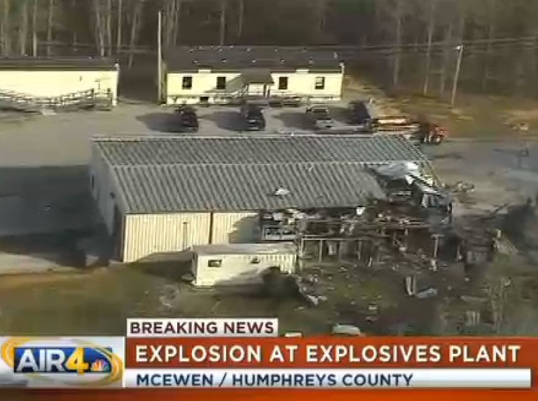 This frame grab from video provided by WSMV-TV in Nashville, Tenn., shows some of the area of an explosion and fire, Wednesday, April 16, 2014, at a property where several ammunition and explosives plants are based, in McEwen, Tenn. At least one person has died, and at least three people have been injured. (AP Photo/WSMV-TV)