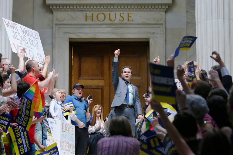 Rep. Warwick Sabin, D-Little Rock, center, cheers with protesters outside of the House chamber at the Arkansas state Capitol in Little Rock, Ark., Monday, March 30, 2015. (AP Photo/Danny Johnston)