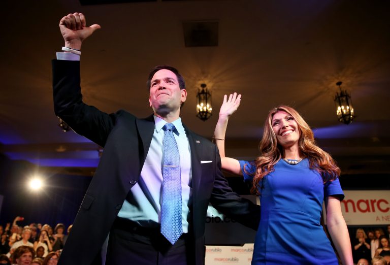 U.S. Sen. Marco Rubio stands with his wife, Jeanette Rubio, after announcing his candidacy for the Republican presidential nomination.Â (Joe Raedle/Getty Images)