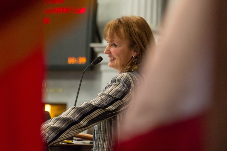 House Speaker Beth Harwell, R-Nashville, presides during a floor debate about allowing local governments to hold referendums on supermarket wine sales on Thursday, Feb. 20, 2014 in Nashville. The chamber later passed the measure that Harwell has championed for years. (AP Photo/Erik Schelzig)