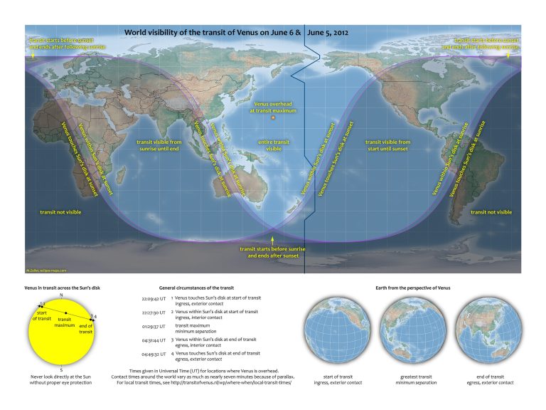   This map provided by NASA shows the visibility for the transit of Venus passes in front of sun. Venus crosses the sun on Tuesday, June 5, 2012, from the Western Hemisphere (Wednesday, June 6 from the Eastern Hemisphere). Known as a transit of Venus, this won't happen again until 2117. The transit is happening during a 6-hour, 40-minute span starting after 6 p.m. EDT in the United States. (AP Photo/NASA)  