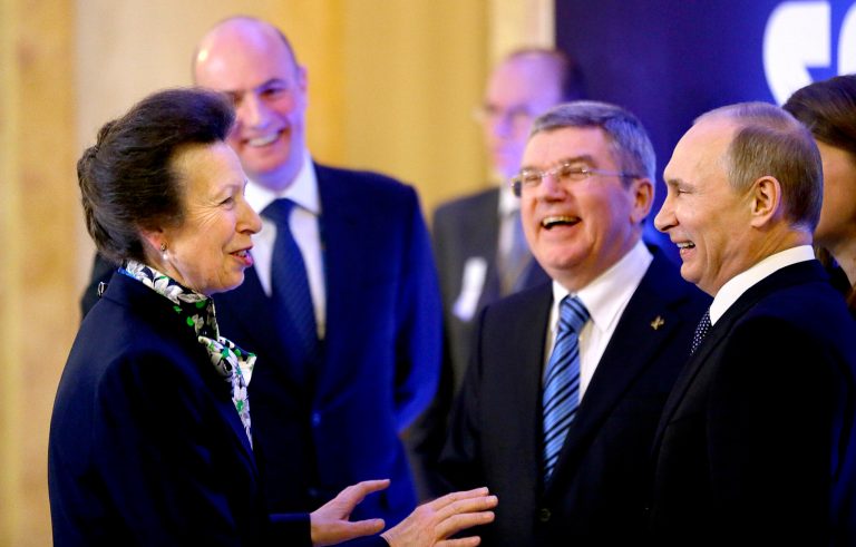 International Olympic Committee member Princess Anne of Great Britain, left, greets Russian President Vladimir Putin, right, IOC President Thomas Bach, second from right, and Sochi 2014 Olympics President Dmitry Chernyshenko, left, at an event welcoming IOC members ahead of the upcoming 2014 Winter Olympics at the Rus Hotel, Tuesday, Feb. 4, 2014, in Sochi, Russia. (AP Photo/David Goldman, Pool)