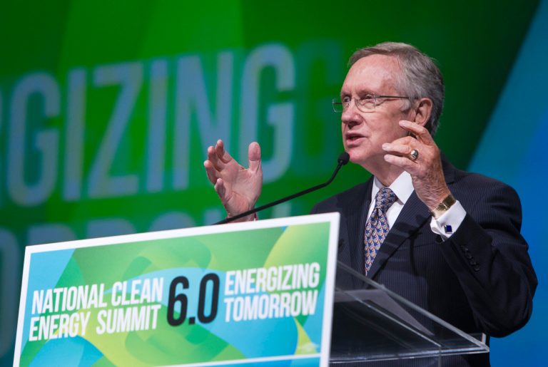 Senate Majority Leader Harry Reid, D-NV,  gives opening remarks during the National Clean Energy Summit 6.0 at the Mandalay Bay Resort in Las Vegas Tuesday, Aug. 13, 2013. Clean energy policy, production and promotion are the focus of an annual conference in Las Vegas hosted by Reid.   (AP Photo/Las Vegas Sun/Steve Marcus)    LAS VEGAS REVIEW-JOURNAL OUT