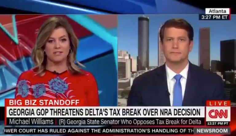 In an interview with CNN anchor Brianna Keilar (pictured left), Georgia State Senator Michael Williams (pictured right) claimed that although Delta ended its relationship with the National Rifle Association after the mass shooting in Parkland, Fla., it still gave Planned Parenthood discounts. Keilar then asked him where he was getting the information; Williams could not name his source. (Screenshot)