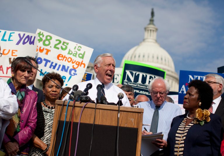 House Minority Whip Steny Hoyer of Md., center, speaks on Capitol Hill in Washington, Friday, Oct. 4, 2013, during an event with the Democratic Progressive Caucus and furloughed federal employees blaming House Republicans on the government shutdown. From left are, Rep. Rosa DeLauro, D-Conn., Rep. Barbara Lee, D-Calif., Hoyer, Rep. Bernard Sanders and Rep. Sheila Jackson Lee, D-Texas.  (AP Photo/ Evan Vucci)