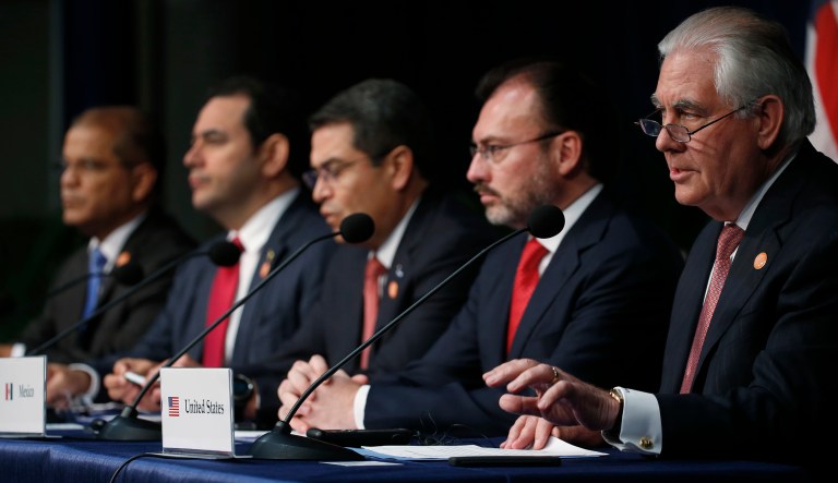 Secretary of State Rex Tillerson, right, speaks during a conference on prosperity and security in Central America. Tillerson was joined by the President of Guatemala Jimmy Morales, second from left, and other Central American leaders. (AP Photo/Wilfredo Lee)