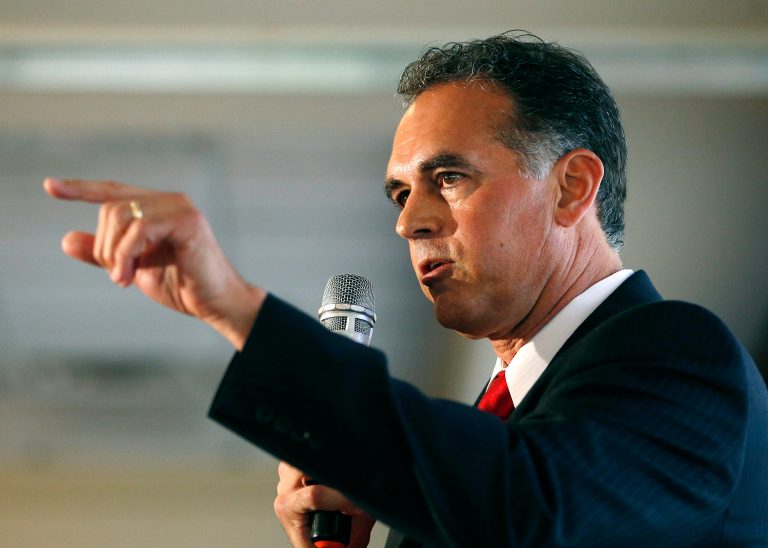 Danny Tarkanian, a Republican primary challenger to Sen. Dean Heller, R-Nev., began a campaign rally with a bit of a mix-up on Saturday, saying that he was running to unseat former Democratic senator Harry Reid. (AP Photo/John Locher, File)
