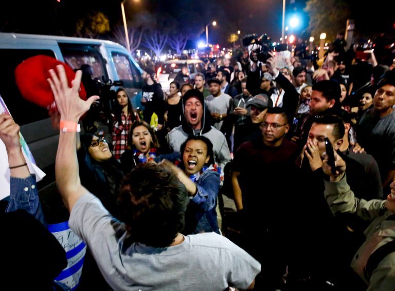 A Trump supporter clashes with protesters outside a rally for Republican presidential candidate Donald Trump in Costa Mesa, Calif. (AP Photo/Chris Carlson, File)