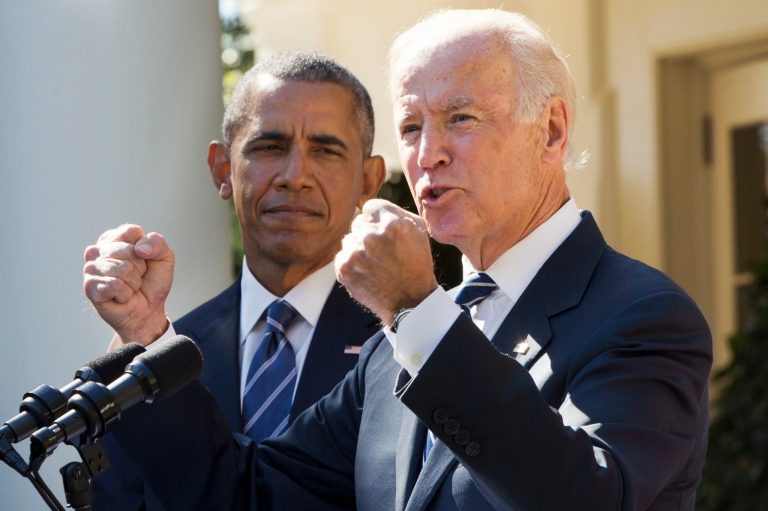 Vice President Joe Biden, with President Obama, gestures as he speaks in the Rose Garden of the White House in Washington, Wednesday, Oct. 21, 2015, to announce that he will not run for the presidential nomination. (AP Photo/Jacquelyn Martin)
