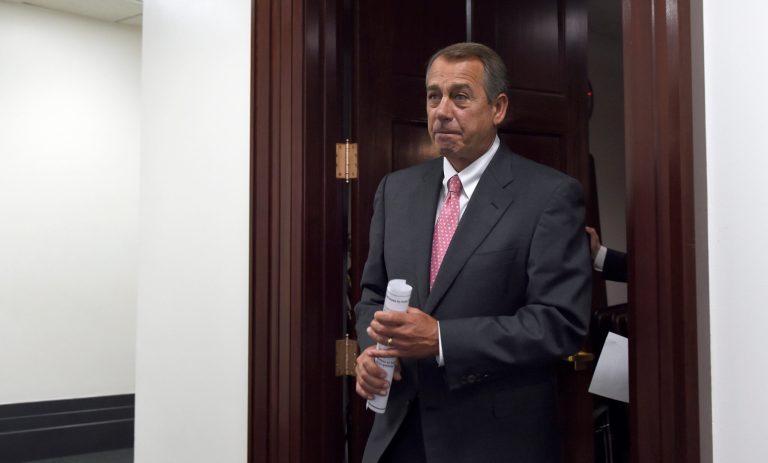 House Speaker John Boehner of Ohio arrives for a news conference on Capitol Hill in Washington, Wednesday, May 13, 2015. (AP Photo/Susan Walsh)