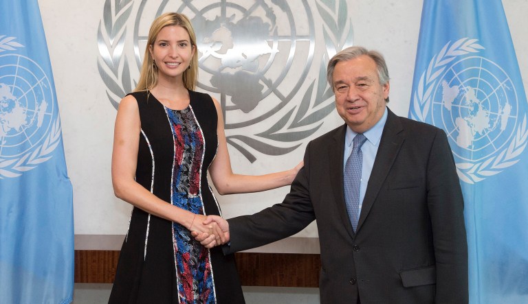 She met with Antonio Guterres at the U.N. headquarters in New York. (UN Photo by Eskinder Debebe via AP)