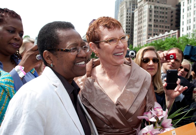 FOR STORY BY SOPHIA TAREEN TO RUN WEDNESDAY PMS, NOV. 27 - This June 2011photo provided by Starbelly Studios in Chicago shows Vernita Gray, left, and Patricia Ewert smiling during their civil union ceremony at Millennium Park in Chicago. U.S. District Judge Thomas Durkin on Monday, Nov. 25, 2013, ordered the Cook County clerk to issue an expedited marriage license to Gray and Ewert before the state's gay marriage law takes effect in June 2014. Gray is terminally ill. (AP Photo/Courtesy of Starbelly Studios, Timmy Samuel) MANDATORY CREDIT