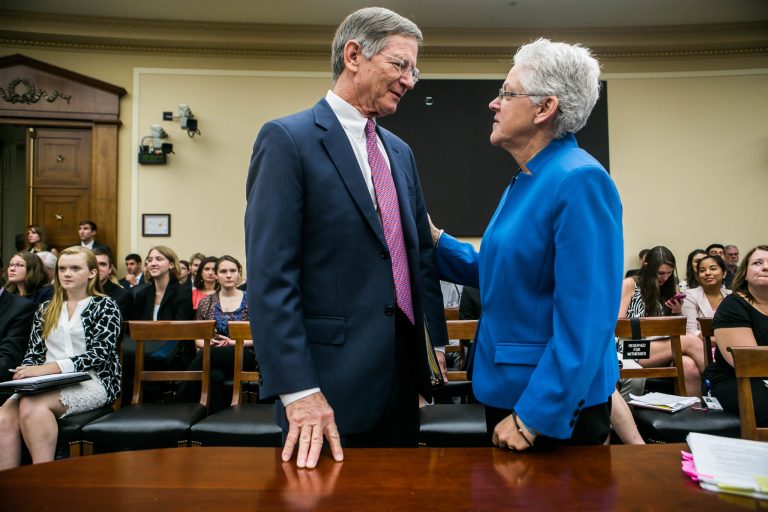EPA Administrator Gina McCarthy speaks with Lamar Smith, R-Texas, before testifying before a House Science, Space and Technology Committee on Thursday, July 9. 2015. (Graeme Jennings/Washington Examiner)