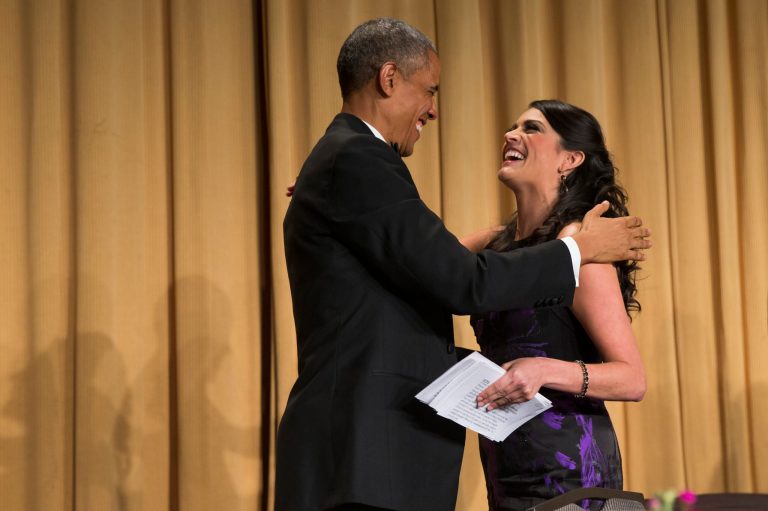 President Barack Obama, left, talks with comedian Cecily Strong during the White House Correspondents' Association dinner at the Washington Hilton on Saturday, April 25, 2015, in Washington. (AP Photo/Evan Vucci)
