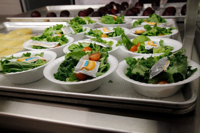  FILE - In this Sept. 12, 2012, file photo, side salads await the students of Eastside Elementary School in Clinton, Miss. The Agriculture Department is responding to criticism over new school lunch rules by allowing kids to eat more grains and meat in the lunchroom. Agriculture Secretary Tom Vilsack said in a letter to members of Congress Friday, Dec. 7, 2012, that the department will do away with daily and weekly maximums of meats and grains. Several members of Congress have written the department since the new rules went into effect in September saying kids arenât getting enough to eat. School administrators have also complained, saying that set maximums on grains and meats are too limiting as they try to plan daily meals. 