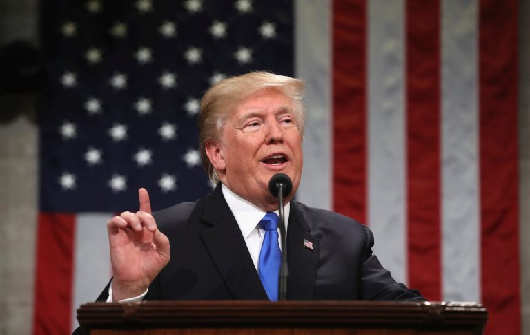 President Donald Trump delivers his first State of the Union address in the House chamber of the U.S. Capitol to a joint session of Congress Tuesday, Jan. 30, 2018 in Washington. (Win McNamee/Pool via AP)