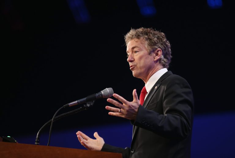Senator Rand Paul, R-Ky., speaks to guests gathered for the Republican Party of Iowa's Lincoln Dinner at the Iowa Events Center on May 16, 2015 in Des Moines. (Photo by Scott Olson/Getty Images)