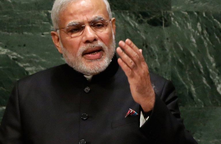 Prime Minister Narendra Modi, of India, addresses the 69th session of the United Nations General Assembly, at U.N. headquarters, Saturday, Sept. 27, 2014. (AP Photo/Richard Drew)