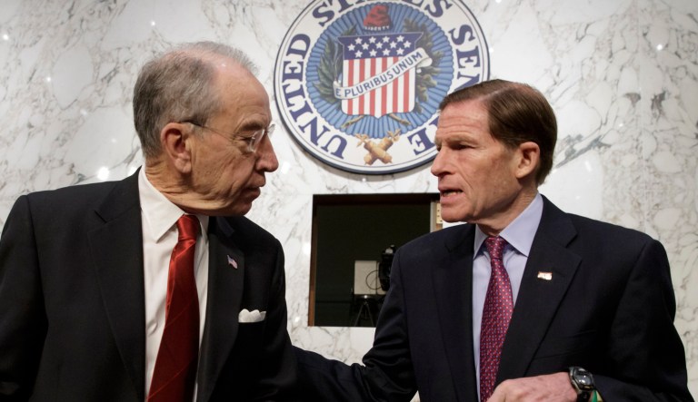 In a letter to White House Counsel Don McGahn and FBI Director Christopher Wray, Sens. Chuck Grassley, R-Iowa, (left) and Richard Blumenthal, D-Conn., (right) ask for 