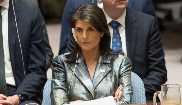 Nikki Haley addressed the U.N. Security Council during a speech Tuesday, during which she responded to an earlier speech from Palestinian Authority President Mahmoud Abbas, as well as comments made last month by Saeb Erekat, a Palestinian negotiator. (AP Photo/Mary Altaffer)