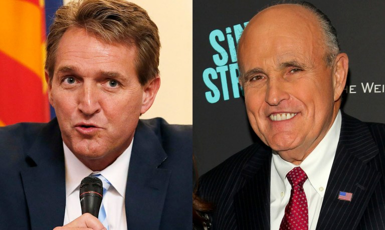 Arizona Sen. Jeff Flake and former New York mayor Rudy Giuliani have differing views on whether Donald Trump's stance on immigration is laudable. (AP Photos)