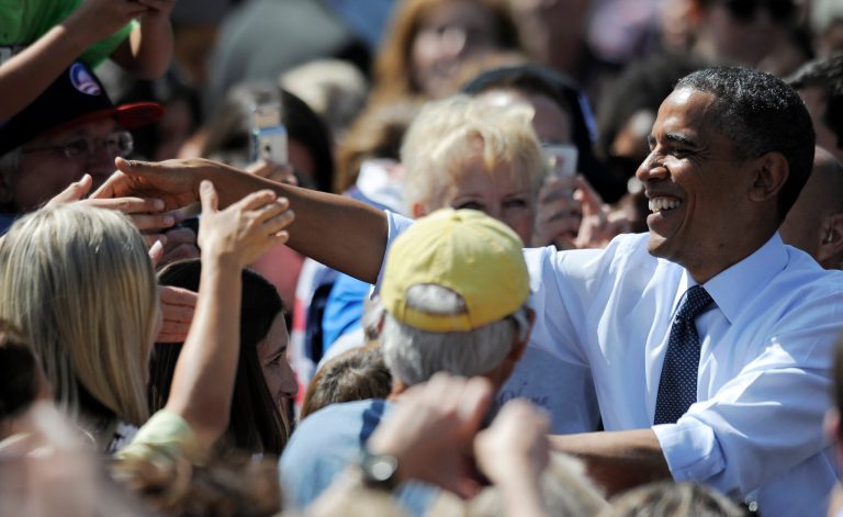 GOLDEN, CO -  SEPTEMBER 13:  U.S. President Barack Obama (R) shakes hands after speaking at a campaign event September 13, 2012 in Golden, Colorado. Obama has made several campaign stops in Colorado, which is a hotly contested state in this year's election.  (Photo by Chris Schneider/Getty Images)
