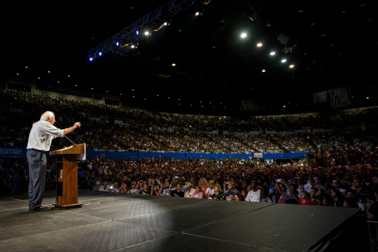 Sen. Bernie Sanders, an independent from Vermont and 2016 Democratic presidential candidate, speaks during a campaign event at the Los Angeles Memorial Sports Arena in Los Angeles, California, U.S., on Monday, Aug. 10, 2015. (Patrick T. Fallon/Bloomberg)