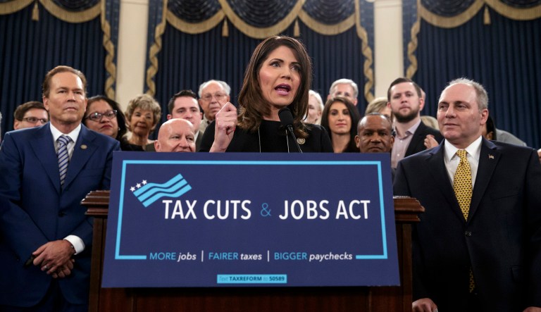 Rep. Kristi Noem, R-S.D., joined by, from left, Rep. Vern Buchanan, R-Fla., Ways and Means Committee Chairman Kevin Brady, R-Texas, and Majority Whip Steve Scalise, R-La., far right, speaks as Republicans unveil their far-reaching tax overhaul, the first major revamp of the tax system in three decades, on Capitol Hill in Washington, Thursday, Nov. 2, 2017. (AP Photo/J. Scott Applewhite)