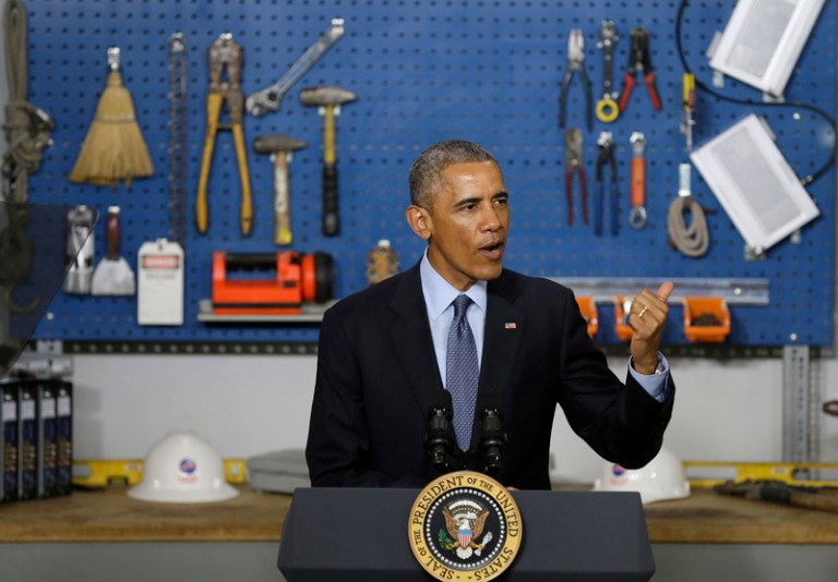 President Barack Obama speaks at Cedar Falls Utilities, Wednesday in Cedar Falls, Iowa. (AP/Charlie Neibergall)