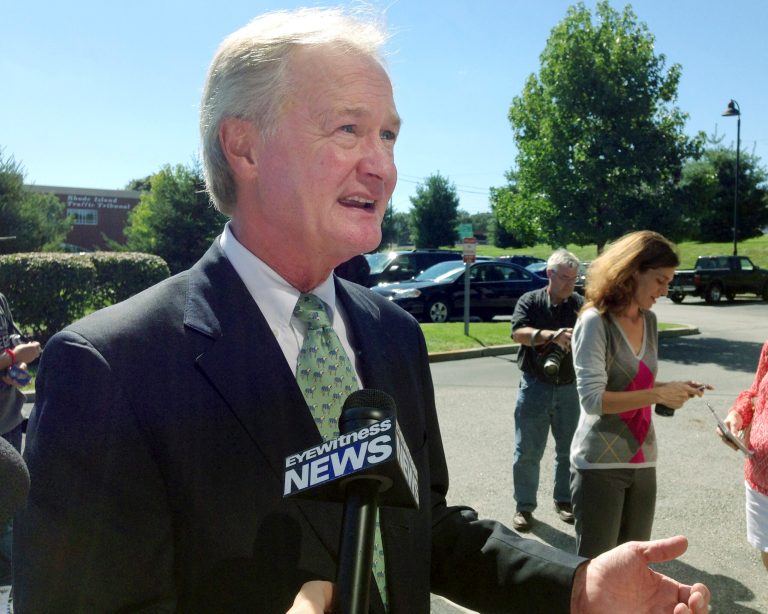   Rhode Island Gov. Lincoln Chafee speaks to media outside a department of motor vehicles office Wednesday, Sept. 4, 2013, in Cranston, R.I. Chafee said he is not running for a second term, bowing out of what was expected to be a fierce primary in his new Democratic Party. (AP Photo/Michelle R. Smith)  