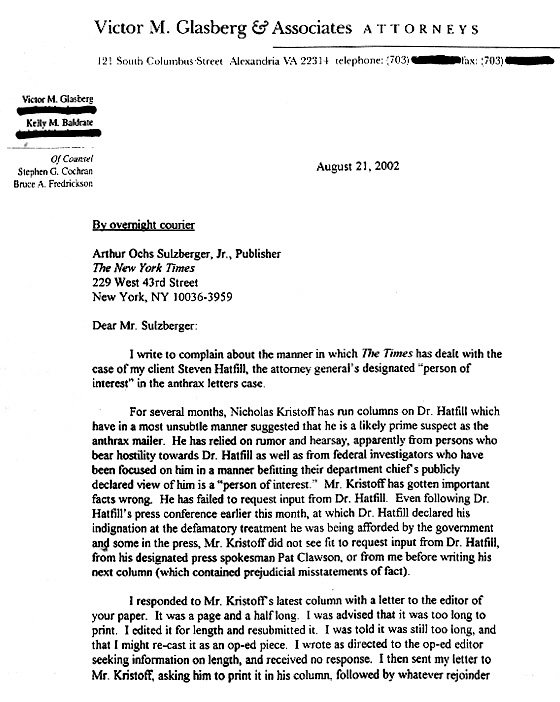 Glasberg Letter to Sulzberger, August 21, 2002