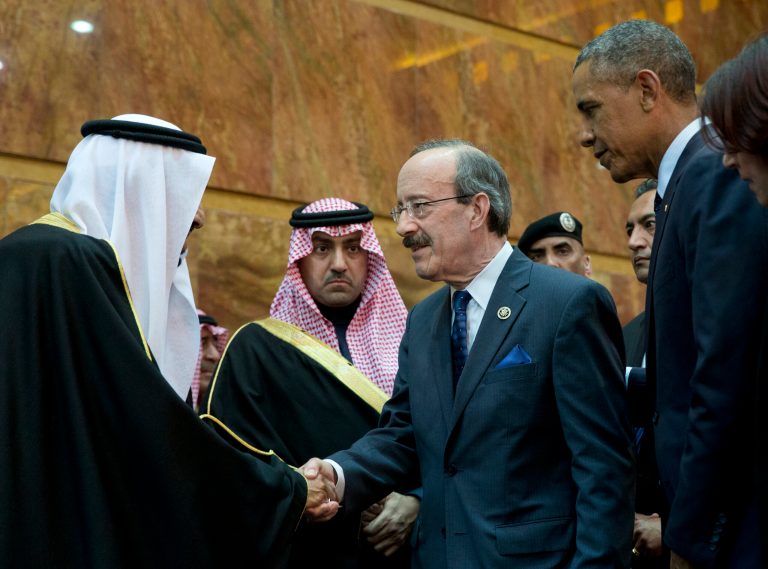 President Obama stands right as Rep. Eliot Engel greets new Saudi Arabian King,Salman bin Abdul Aziz in a delegation receiving line in Riyadh, Saudi Arabia, Tuesday, Jan. 27, 2015. (AP Photo)Â 