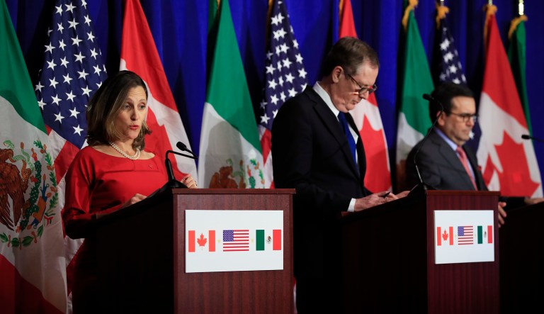 From left, Canadian Minister of Foreign Affairs Chrystia Freeland, U.S. Trade Representative Robert Lighthizer, and Mexico's Secretary of Economy Ildefonso Guajardo Villarreal are in negotiations over the North American Free Trade Agreement. (AP Photo/Manuel Balce Ceneta)