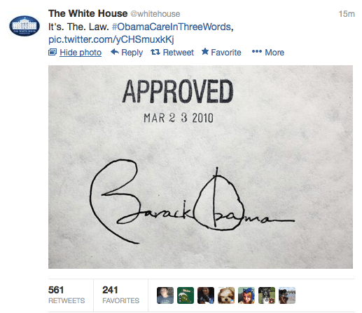 White House to Obamacare critics on Twitter: ‘It’s. The. Law.’