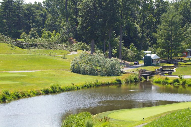  Downed tree behind the green at No. 6 and in the fairway at No. 18 of Congressional's Gold Course. Photo by Kevin Dunleavy. 