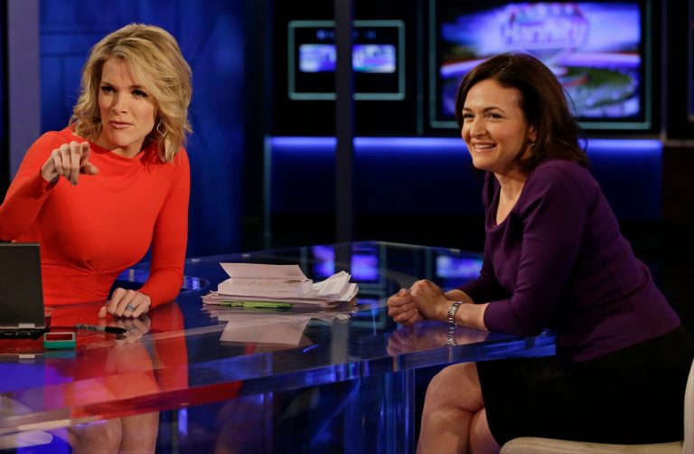 Sheryl Sandberg, chief operating officer of Facebook, right, smiles after a news interview with Megyn Kelly, left, on the show 