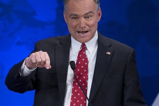 Democratic candidate Tim Kaine speaks during a Senatorial debate for the Virginia U.S. Senate seat with Republican candidate George Allen on Thursday, Sept. 20, 2012 in McLean, Va.  (AP Photo/ Evan Vucci)
