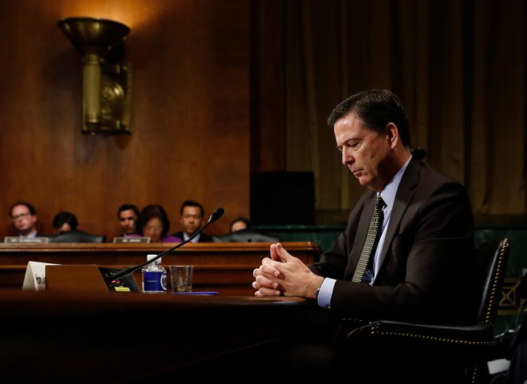In this Wednesday, May 3, 2017, photo then-FBI Director James Comey pauses as he testifies on Capitol Hill in Washington, before a Senate Judiciary Committee hearing. President Donald Trump abruptly fired Comey on May 9, ousting the nation's top law enforcement official in the midst of an investigation into whether Trump's campaign had ties to Russia's election meddling.(AP Photo/Carolyn Kaster)