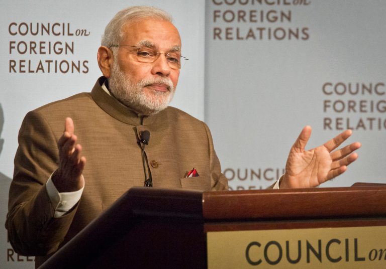 India's Prime Minister Narendra Modi speaks during a keynote speech at the Council on Foreign Relations in New York on Monday. (AP/Bebeto Matthews)