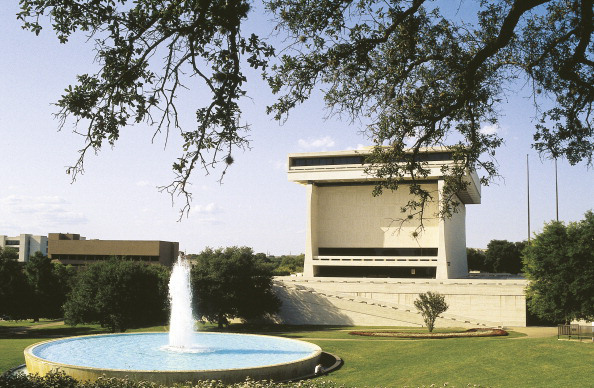Fountain and the Lyndon B. Johnson Library and Museum on the University of Texas at Austin campus. (Photo by Independent Picture Service/UIG via Getty Images)
