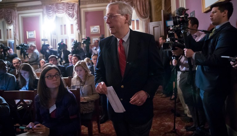 Senate Majority Leader Mitch McConnell, R-Ky., announced Monday he will hold votes on appellate and district court nominees, but journalists gathered at the Capitol were more interested in the Republican Party's response to the indictment of former Trump campaign associates. (AP Photo/J. Scott Applewhite)