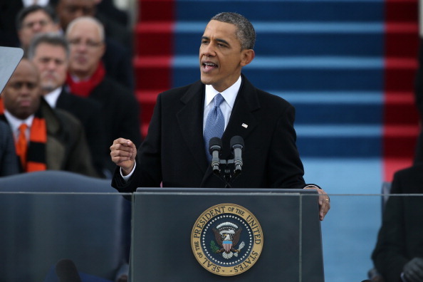 WASHINGTON, DC - JANUARY 21:  U.S. President Barack Obama gives his inauguration address during the public ceremonial inauguration on the West Front of the U.S. Capitol January 21, 2013 in Washington, DC.   Barack Obama was re-elected for a second term as President of the United States.  (Photo by Justin Sullivan/Getty Images)